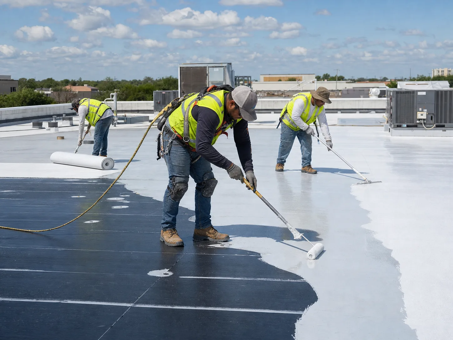 Commercial roofing crew applying a flat roof membrane system