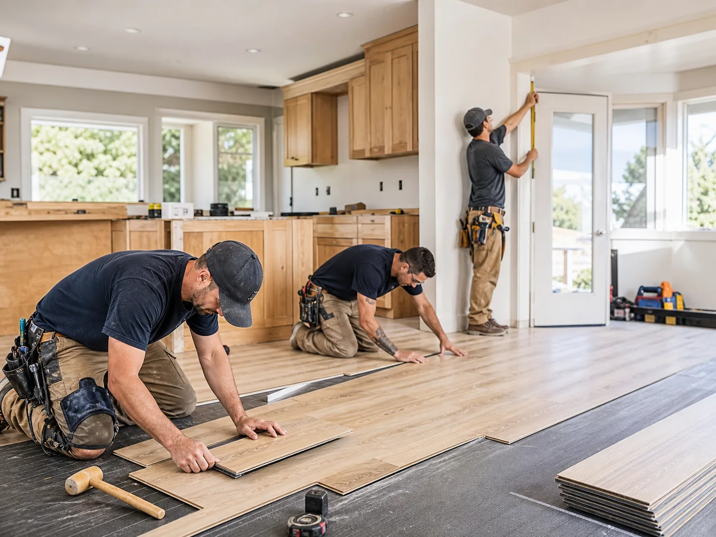 Remodeling crew installing flooring inside a home renovation