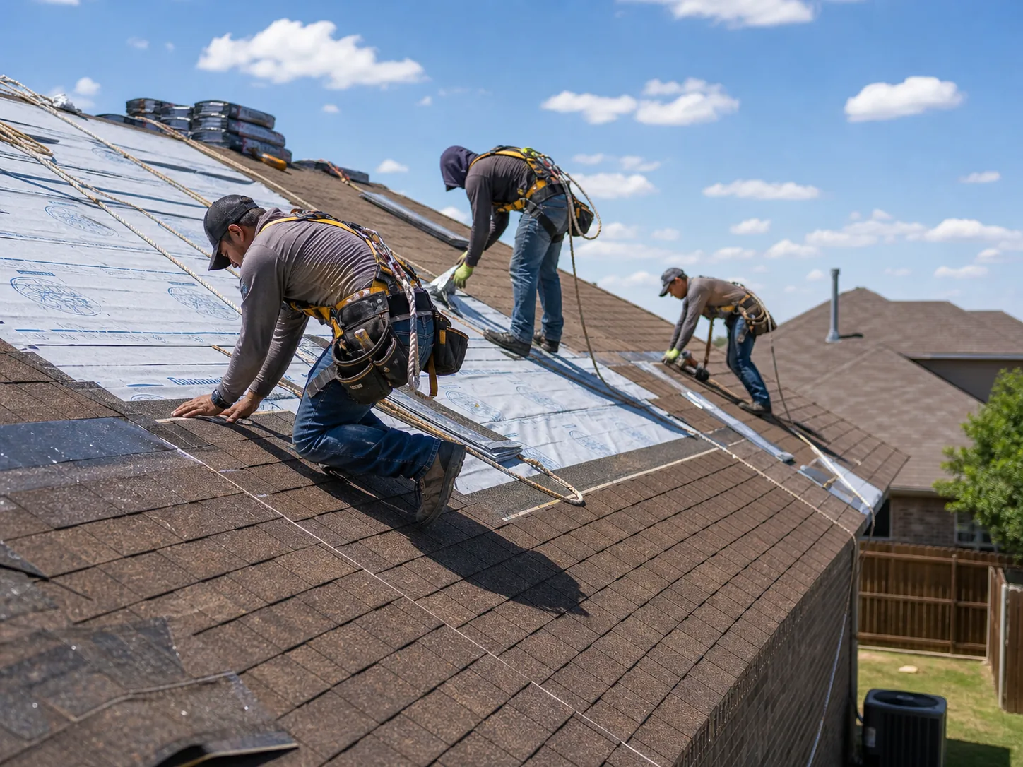 Residential roofing crew installing shingles on a Texas home